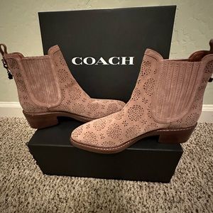New Coach Dusty Rose suede low heeled bootie.